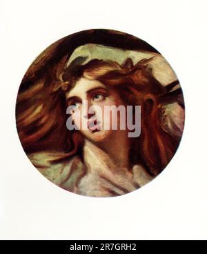 The esaly 1900s caption reads: 'Sketch Portrait of Lady Hamilton by George Romney. Her rich brown hair falls in tempestuous disorder over a pillow; the mouth is open; the eyes are as near to tragedy as the volatile Emma could go. This sketch (circular, 1 foot 6 inches) was presented to the National gallery in 1989. George Romney (1734-1802) was an English portrait painter. He was the most fashionable artist of his day, painting many leading society figures – including his artistic muse, Emma Hamilton, mistress of Lord Nelson.' George Romney (1734-1802) was an English portrait painter. He was t Stock Photo