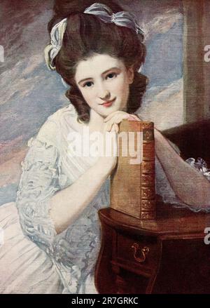 The early 1910s caption reads: 'Miss Benedetta Ramus by George Romney. The younger of the beautiful Ramus girls, who afterwards became Lady Day. Miss Benedetta of the lovely eyes, that languish and sparkle as if pleading against oblivion, rests her hand upon a book in reverie. This beautiful girl and her sister were also painted by Gainsborough,. That lovely work was most unfortunately destroyed by fire.' George Romney (1734-1802) was an English portrait painter. He was the most fashionable artist of his day, painting many leading society figures – including his artistic muse, Emma Hamilton, m Stock Photo