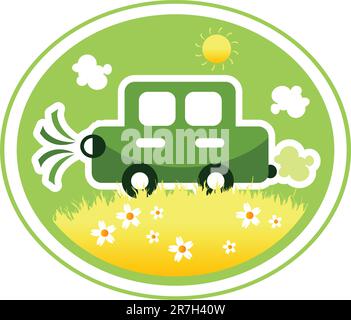 Car on nature background label with flower sun and grass Stock Vector