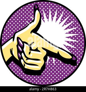 Close-up of hand, pointing like a gun. Popart comic style emblem Stock Vector