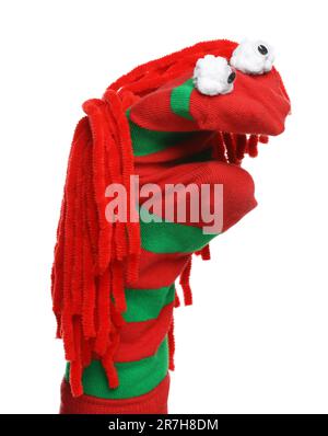 Funny sock puppet with hair isolated on white Stock Photo