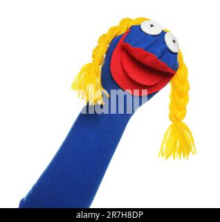 Funny sock puppet with braids isolated on white Stock Photo