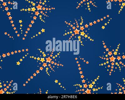 Seamless Pattern of Firework with Yellow and Red Stars on Blue Background Stock Vector