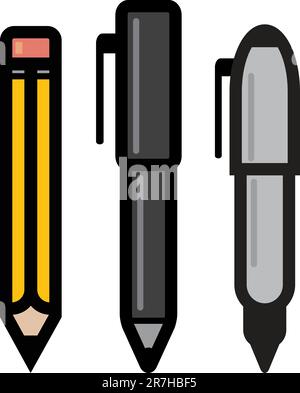 Three writing utensil icons - pencil, pen and marker. Stock Vector