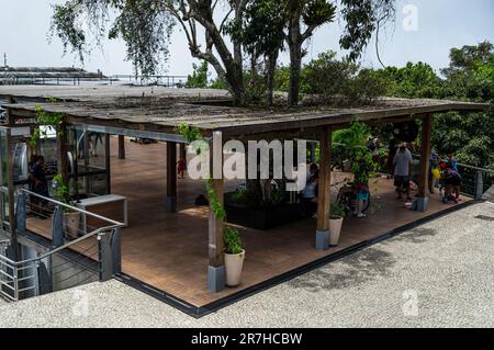 Outdoor area of Sugarloaf Cable car Cocuruto museum on the summit of Urca hill in Urca district, at the east side of the area under a summer day. Stock Photo