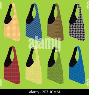 vector set of three reusable shopping bags with various patterns Stock Vector