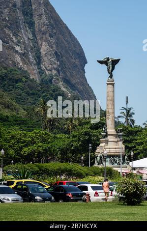 Partial view of General Tiburcio square and the Battle of Laguna monument standing at the back in Urca district under summer sunny clear blue sky. Stock Photo