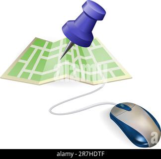 Concept. A mouse connected to a paper map. Stock Vector