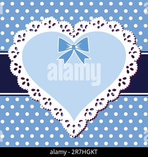 Heart vintage lace frame on a polka dot blue background. Stock Vector