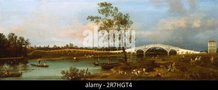 Old Walton Bridge, Loondon  painted by the Venetian painter Giovanni Antonio Canal, commonly known as Canaletto, in 1755. Old Walton Bridge was the  first Walton Bridge built across the River Thames between Walton-on-Thames and Shepperton in Surrey. Stock Photo