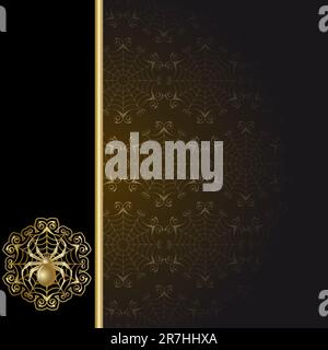 Gold-framed  with gold spider and web on the black background Stock Vector