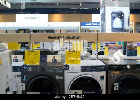 PATTAYA, THAILAND - CIRCA APRIL, 2023: washing machines on display at Power Buy store in Central Pattaya (CentralFestival Pattaya Beach) shopping mall Stock Photo