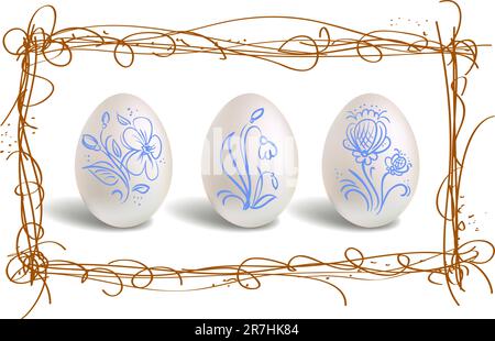 Three beautiful easter eggs in the nest frame Stock Vector