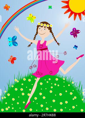 on a sunny day, a happy little girl in a wreath of white flowers, running through the grass among flowers and butterflies Stock Vector