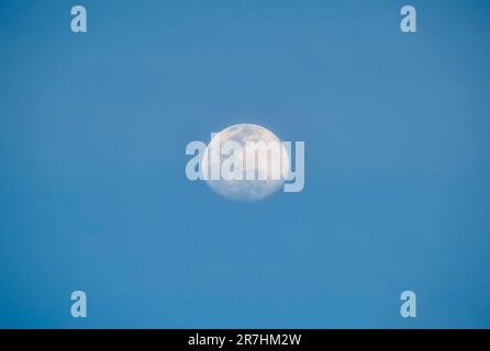 Bright full moon on blue sky during daylight. Round lunar disc. Stock Photo