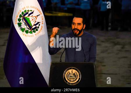 Salvadoran President Nayib Bukele gestures while speaking during the ...