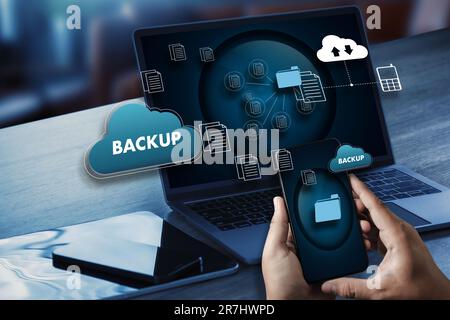 Storage backup download computing digital data transferring document database cloud on laptop communication concept transfer download sharing multimed Stock Photo
