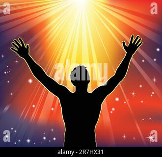 A man with arms raised to heaven. Conceptual illustration with many religious or secular interpretations. Stock Vector