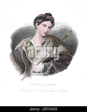 1530 ca , Rome , ITALY : The celebrated italian woman poet and writer TULLIA D'ARAGONA ( 1510 c - 1556 ), author of work ' Dialogo della infinità d'amore ' ( 1547 ) . Portrait engraved by Antonio Locatelli  in 1837 , from the original artwork by Alessandro Bonvicini aka IL MORETTO ( 1492 c. - 1554 ), pubblished in book ' Calcografia in Iconografia italiana degli uomini e delle donne celebri : dall'epoca del risorgimento delle scienze e delle arti fino ai nostri giorni '  by Antonio Locatelli , 1837 , Milano .- POETA - POETESSA - scrittore - writer - letterato - letteratura - literature - lette Stock Photo