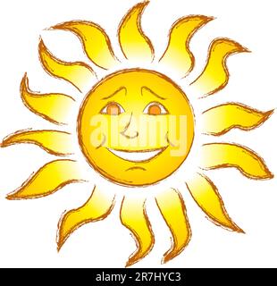 A happy smiling yellow-orange sun shining brightly. Stock Vector