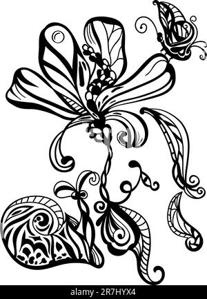 vector monochrome abstract hand drawn flower, snail, and butterfly Stock Vector