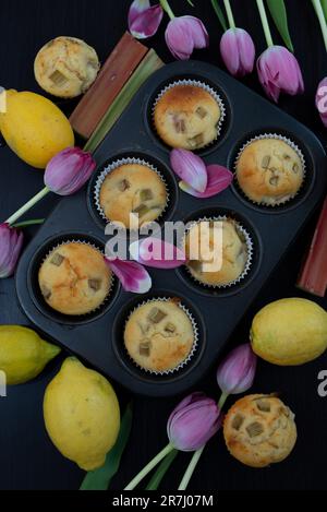 lemon rhubarb muffins with tulips Stock Photo