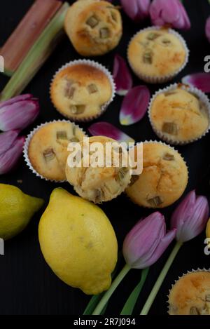 lemon rhubarb muffins with tulips Stock Photo