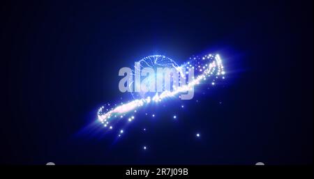 Abstract sphere atom with electrons flying glowing bright particles and ...