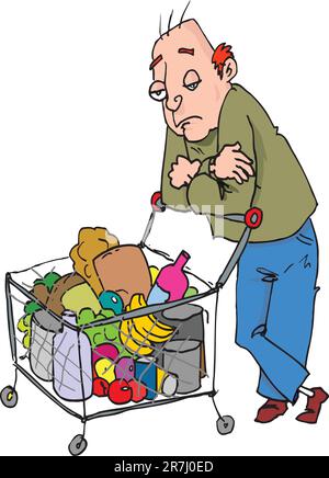 Cartoon of man pushing a shopping trolley. He is not enjoying it Stock Vector