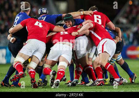 France’s captain Thierry Dusautoir pushes in a scrum against Wales during the first semi-final match of the Rugby World Cup 2011, Eden Park, Auckland, New Zealand, Saturday, October 15, 2011. Stock Photo