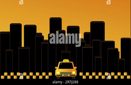 Night taxi in the city on the background of skyscrapers. Stock Vector