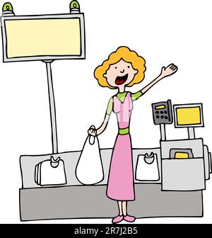 An image of a woman using self checkout at the grocery store. Stock Vector