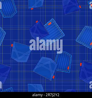 Seamless Pattern with Jeans Pockets on Striped Blue Background. Vector illustration Stock Vector