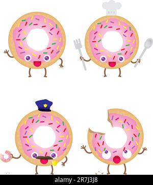 4 Adorable donuts. One simple waving donut, one chef donut, one policeman donut, and one donut with a bite missing. all in scalable .eps format! Stock Vector