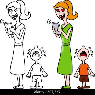 An image of a woman in love texting on her smartphone device and ignoring her crying child. Stock Vector