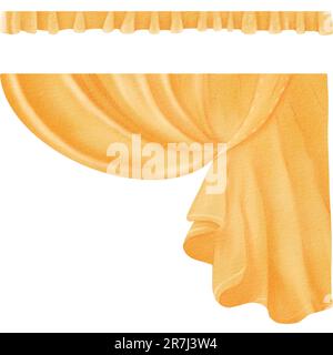 Classic elegant yellow curtain for the interior of a cozy home. Family evenings. Velvet purple curtain of the theater, performance, circus, exhibition Stock Photo