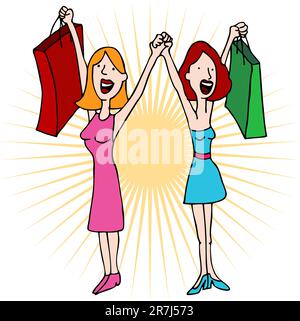 An image of two girls holding hands with shopping bags. Stock Vector