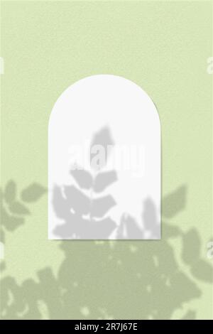Natural light casts shadows from the foliage of a tropical tree on a vertical rectangular sheet of white textured A4 paper lying on a green textured b Stock Photo