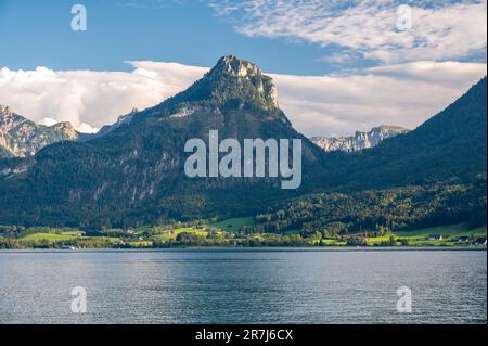 View of wolfgangsee and mountains in background at St. Wolfgang Salzkammergut, Austria. Stock Photo