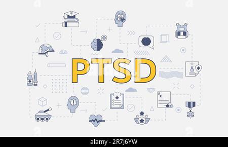 ptsd military trauma stress concept with icon set with big word or text on center vector illustration Stock Photo