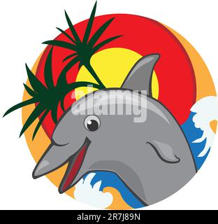 Jumping dolphin with palms and a sun color vector illustration Stock Vector
