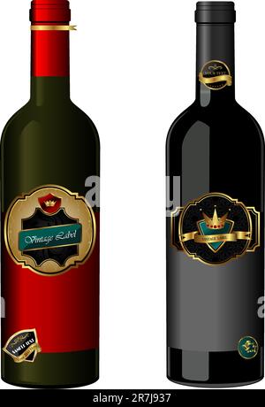 Illustration of set wine bottle with label isolated on white background - vector Stock Vector