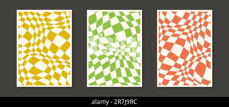 Trippy checkerboard background set. Orange, green, yellow retro psychedelic checkered wallpaper collection. Groovy chessboard surface bundle. Distorted and twisted geometric patterns. Abstract vector Stock Vector