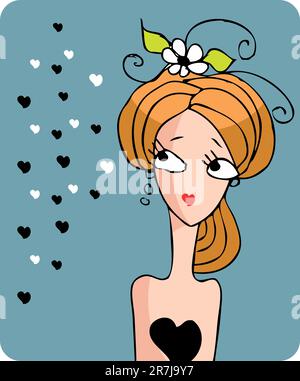 Cartoon woman face sad girl with flower and hearts doodley Stock Vector