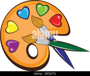 The art palette of colors in the form of hearts and brushes. Illustration on white background Stock Vector