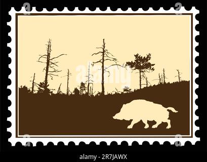 vector silhouette wild boar on postage stamps Stock Vector