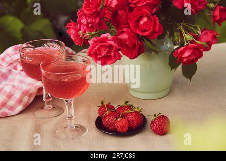 Aesthetic Summer Table Settings Couple Glasses Red Strawberry Wine  Strawberry Stock Photo by ©natalia.yevpatova@gmail.com 661980316
