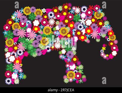 vector illustration of a floral elephant on black background Stock Vector
