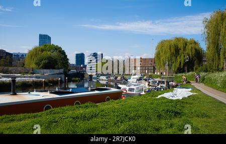 Moored boats on the River Lea near Stratford, London Stock Photo