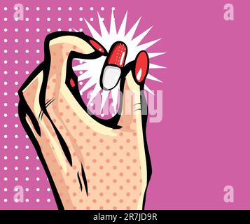 Hand icon with capsule pill symbol in comic style Stock Vector